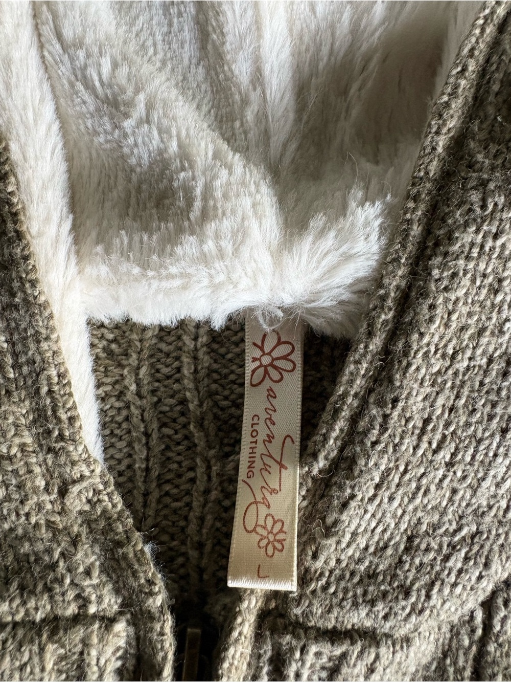 Aventura Taupe Knit Zip Sweater with Cream Faux Fur Trim